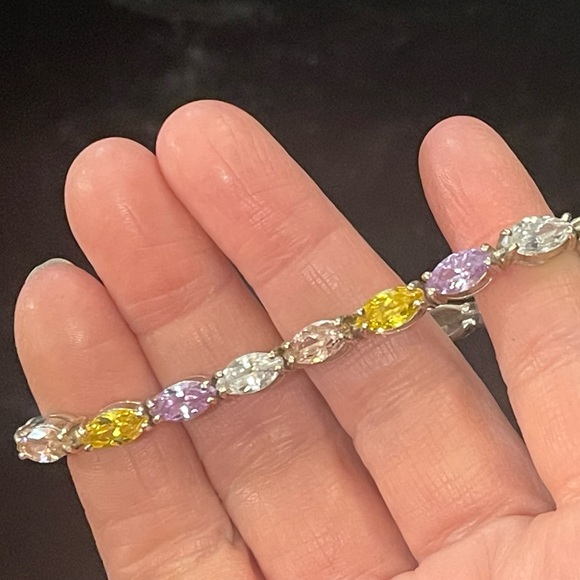 Sterling silver 925 Fancy multi color crystal link tennis bracelet - Picture 3 of 6